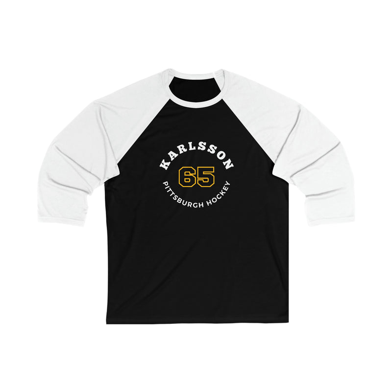 Karlsson 65 Pittsburgh Hockey Number Arch Design Unisex Tri-Blend 3/4 Sleeve Raglan Baseball Shirt