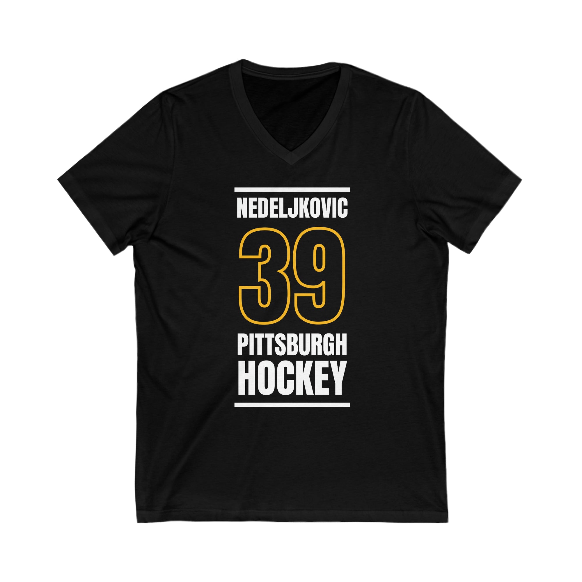 Nedeljkovic 39 Pittsburgh Hockey Black Vertical Design Unisex V-Neck Tee